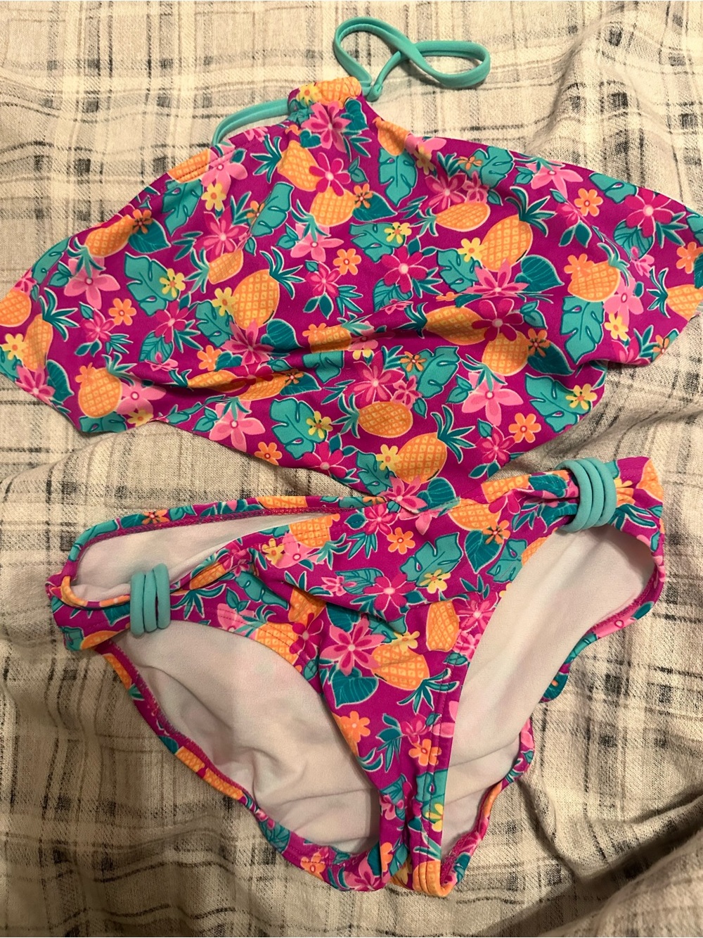 Colorful Pineapple Print Bikini Set - Pink & Teal
